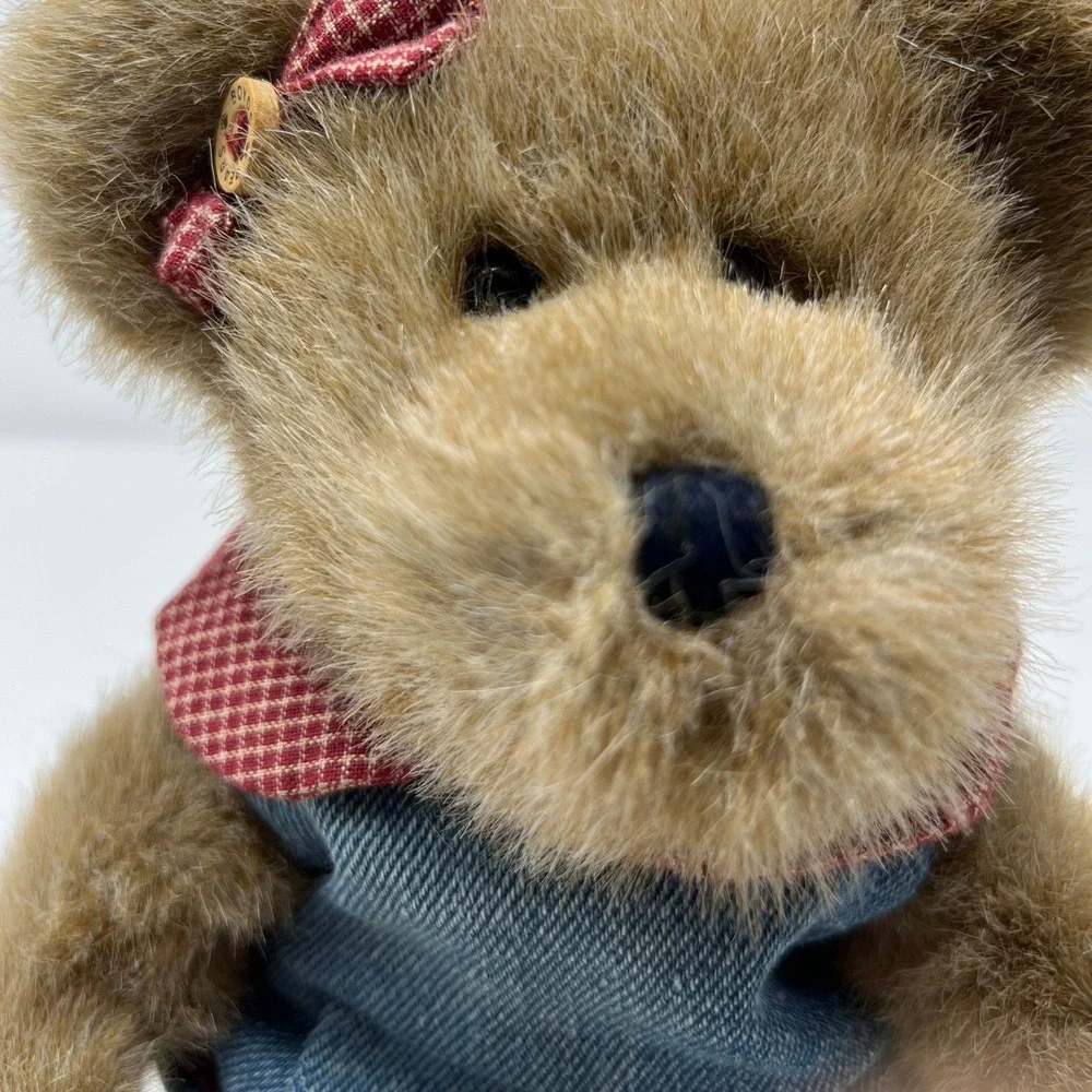 Boyds Bears Plush‎ Teddy Bear Denim Hoodie Gingham Checkered Pocket Head Bean